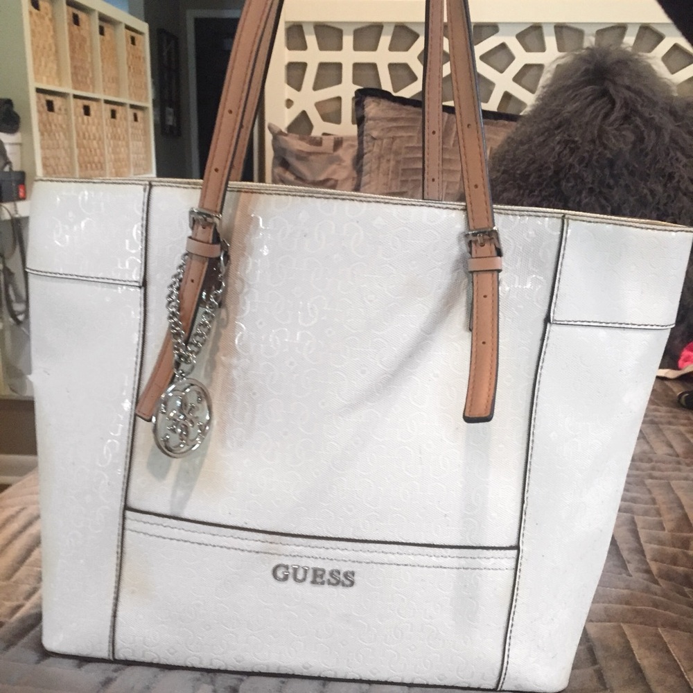 Guess White Leather Tote Bag